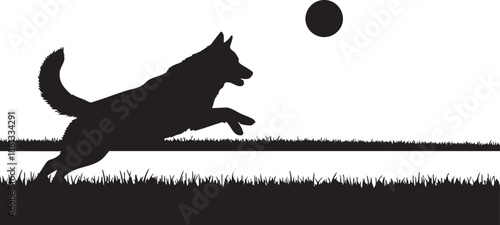 Black Silhouette Dog Jumping Over Obstacle Against White Background With Shadow