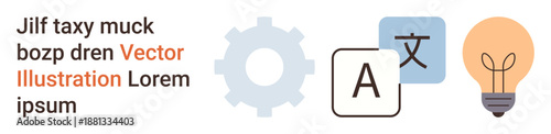 Language learning, translation apps, innovation, technology, education, problem-solving. Gear, light bulb and text symbols. Language learning and translation apps with visual icons