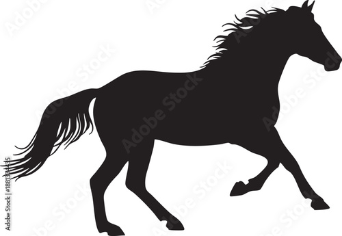 Black Silhouette Horse Galloping With Flowing Mane And Tail Against White Background