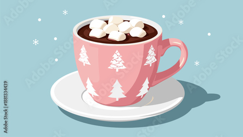 Festive Hot Chocolate: Pink Mug with Marshmallows and Christmas Trees