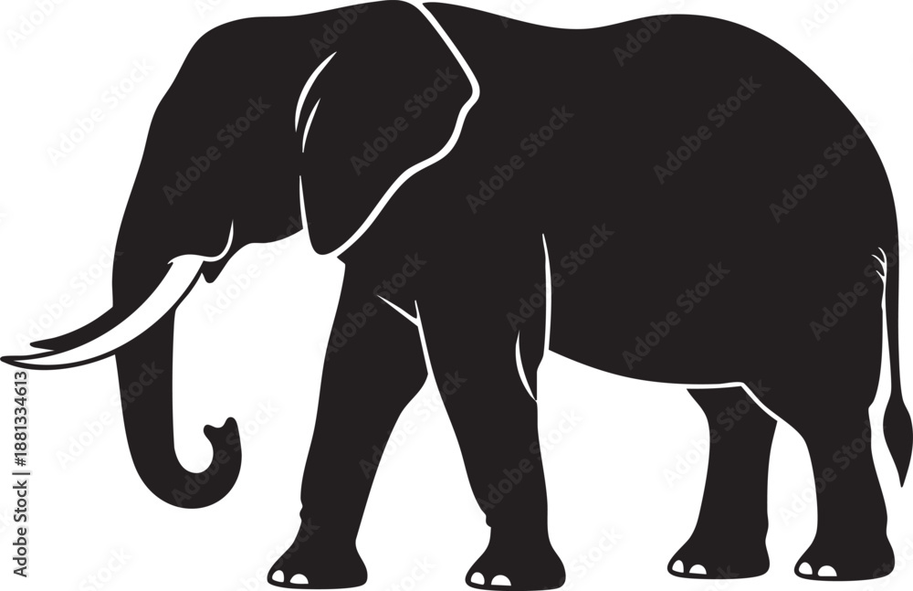 Obraz premium Black Silhouette Elephant Standing with Trunk Raised on White Background