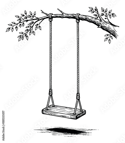 Hand drawn line art illustration of a tree swing depicting it hanging from a branch for childhood fun
