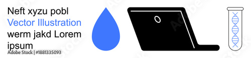 Technology, science, hydro solutions, digital tools, biotechnology, innovation. Black laptop, blue water drop DNA strand in test tube. Technology and science concepts illustrated together