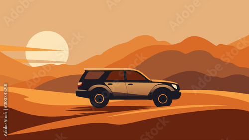 Dark colored sport utility vehicle driving through vast orange desert landscape during sunset