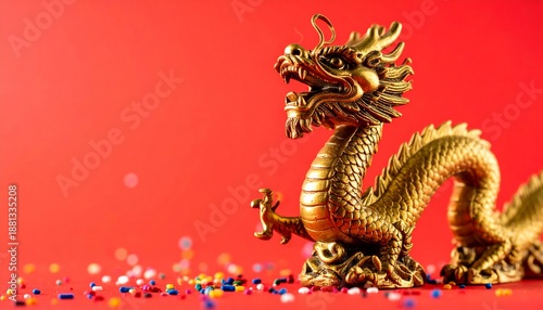 Wallpaper Mural Gold dragon figurine with open mouth, against red backdrop and scattered confetti Torontodigital.ca