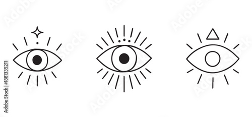 Minimalist mystic evil eye icon set, elegant esoteric line art illustration for magic, spiritual, and occult concept isolated on white background.