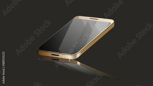 Sleek golden bezel smartphone design featuring a dark reflective screen resting on a muted background surface.