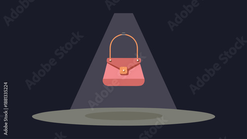 A stylish pink shoulder handbag featuring a prominent gold clasp is perfectly illuminated by a focused stage spotlight.
