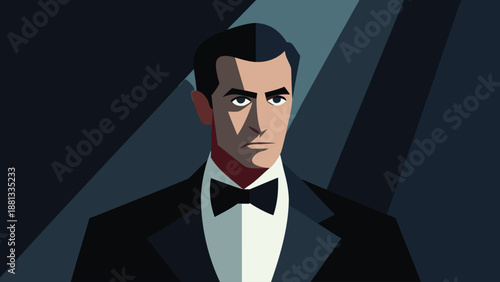 Stylized geometric illustration of a serious man wearing a classic black tuxedo and bow tie under dramatic spotlights.