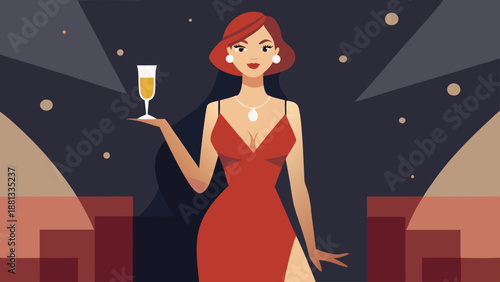 Striking illustration of a sophisticated woman in a red evening gown elegantly holding a glass of champagne or sparkling wine.