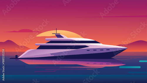 Sleek luxury motor yacht cruising calmly across the water during a vibrant, stylized sunset scene