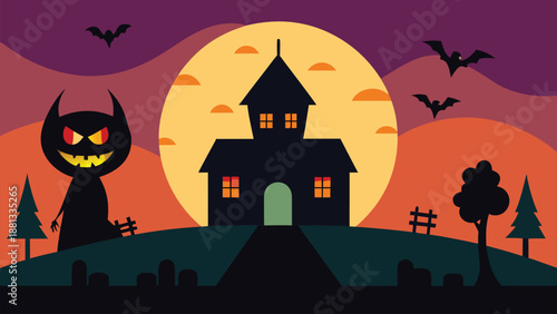 Spooky black monster silhouette stands guard outside a haunted mansion beneath a massive glowing harvest moon on a dark night.