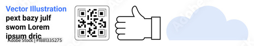 Digital authentication, data sharing, approval, cloud storage, technology, connectivity. QR code next to a thumb up and a cloud. Digital authentication and data sharing concepts