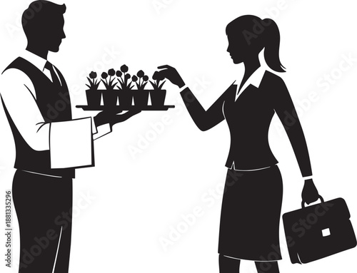 Businesswoman Handing Over Potted Plant Teamwork Growth Concept in Office Attire