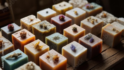 Artisanal Mosaic of Handcrafted Botanical Soaps with Dried Flowers on a Rustic Wooden Table