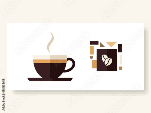 A steaming cup of coffee next to a decorative tile with coffee beans