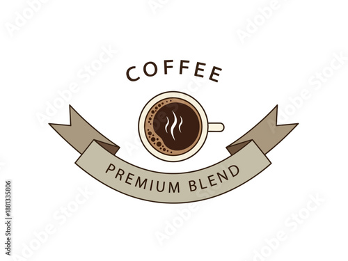 Premium Coffee Blend Emblem with Coffee Cup and Ribbon Graphic