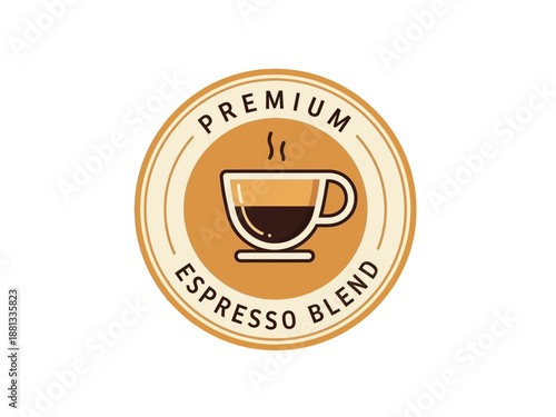 Premium Espresso Blend Coffee Cup Emblem With Steam Isolated On White Background