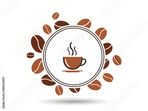 Hot cup of coffee with roasted coffee beans artistic illustration