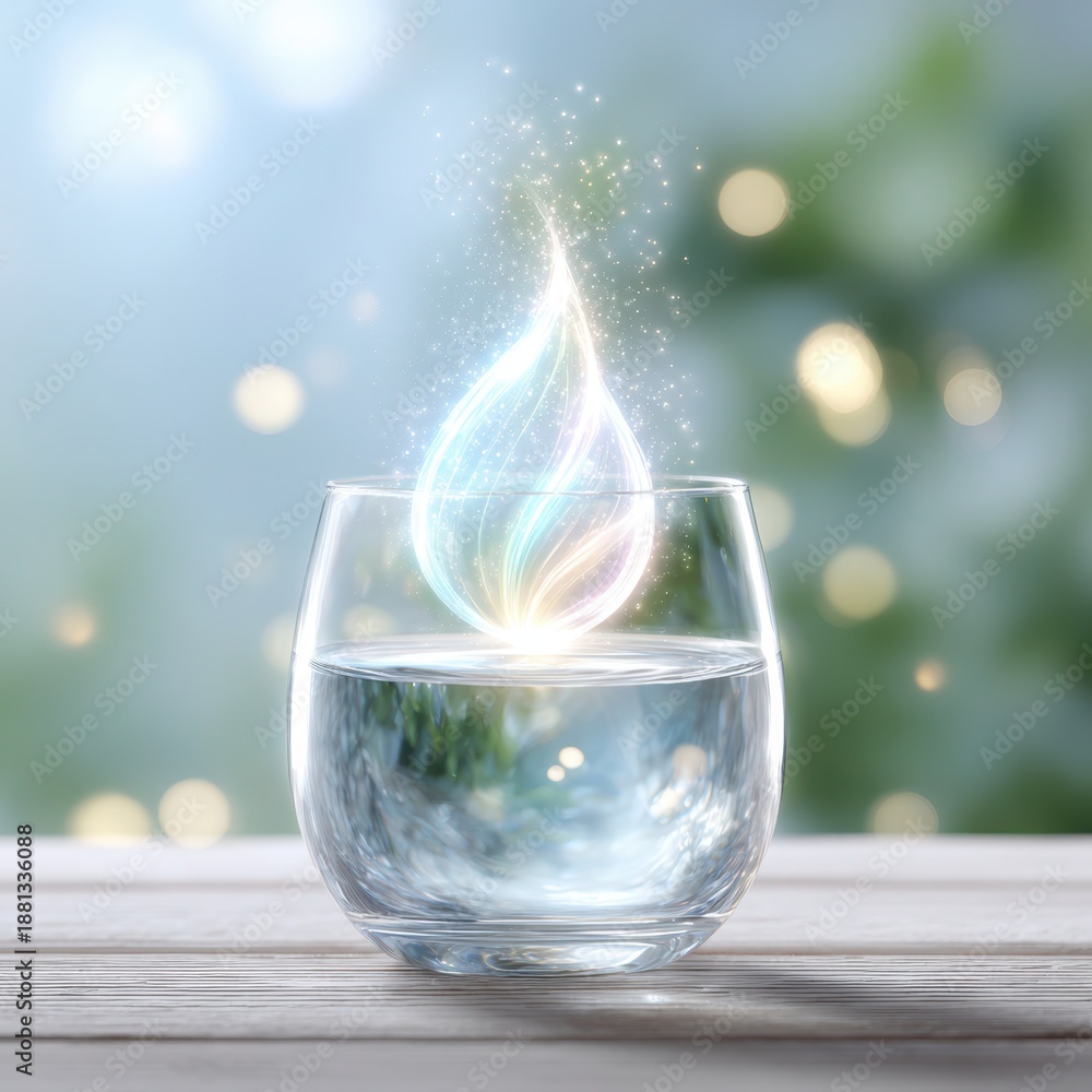 custom made wallpaper toronto digitalAqua Essence: A captivating glass of pure water is highlighted by a glowing water drop, shimmering with light and energy. Perfect for conveying a sense of purity, hydration, and natural beauty.