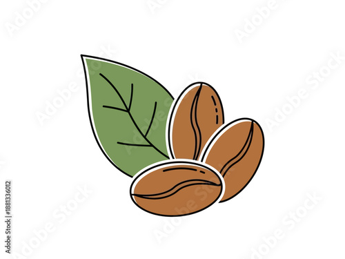 Coffee beans and a leaf, a symbol of natural freshness and invigorating aroma