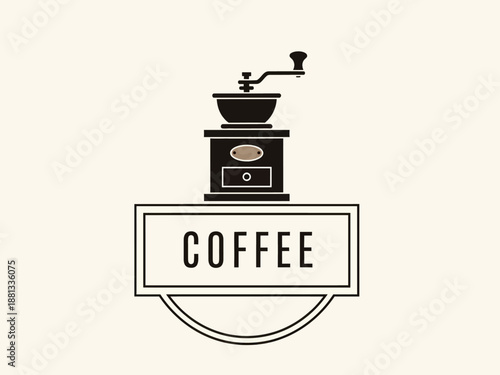Vintage Coffee Grinder Emblem with 'COFFEE' Text on a Rectangular Badge