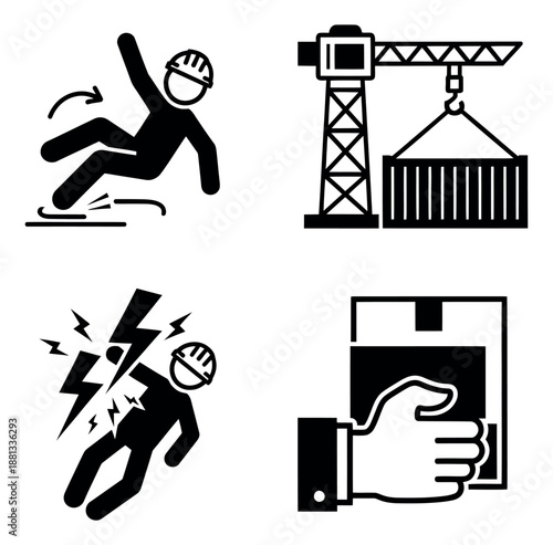 Solid pictogram safety icon set featuring worker slipping, electrical shock, crane lifting cargo, and hand holding a package for workplace and industrial safety