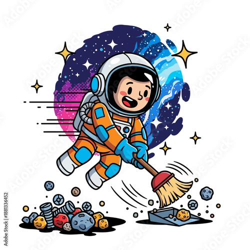 Funny Cartoon Astronaut Cleaning Space Debris. Zero Gravity Janitor Sweeping Asteroids with Broom, Illustration of Space Junk Reduction.