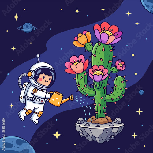 Adorable Cartoon Astronaut Watering a Blooming Cactus on a Floating Asteroid in Outer Space. Space Gardening Vector Illustration.