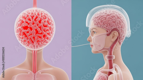 Human brain anatomy with respiratory system illustration
