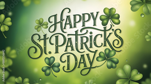 Glowing Happy St. Patrick's Day Typography Design with Vibrant Green Clovers and Soft Bokeh Lighting for Irish Holiday Celebrations and Seasonal Marketing