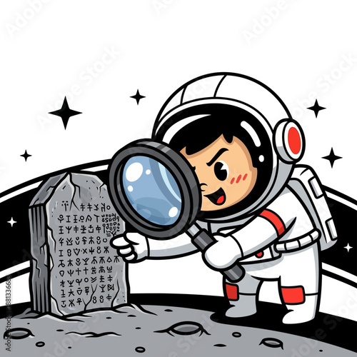 Vector illustration of a cute astronaut analyzing ancient alien glyphs on a stone tablet with a magnifying glass. Space exploration and discovery mascot character.
