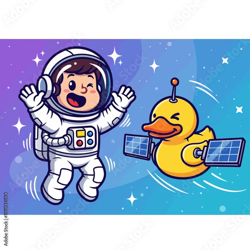 Cute Astronaut Kid and Rubber Duck Satellite Floating in Space. Fun Cosmic Adventure Cartoon Illustration