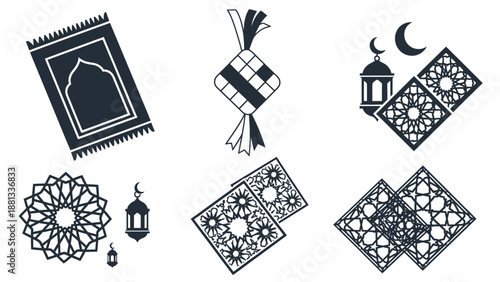 Ramadan Icons: Prayer Mat, Ketupat, Lantern, Crescent Moon, Islamic Patterns