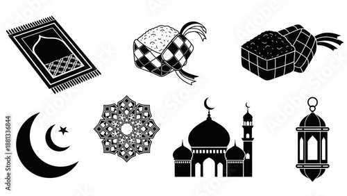 Ramadan Icons: Prayer Mat, Ketupat, Mosque, Crescent Moon, Lantern, Islamic Pattern