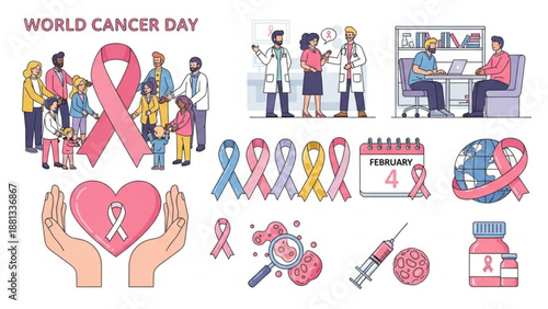 World cancer day illustration set with awareness ribbons and medical