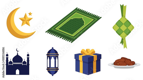 Ramadan Islamic Icons: Crescent Moon, Star, Prayer Mat, Ketupat, Mosque, Lantern, Gift, Dates