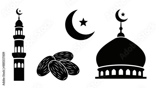 Ramadan Kareem Icons: Mosque, Crescent Moon, Star, and Dates
