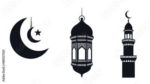 Ramadan Kareem Islamic Symbols: Crescent Moon, Star, Lantern, Minaret