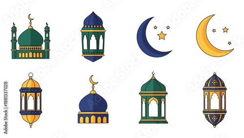 Ramadan Kareem Icons: Mosque, Lanterns, Crescent Moon and Stars Collection