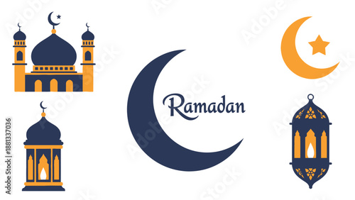 Ramadan Kareem Islamic Symbols: Mosque, Crescent Moon, Lantern, Star