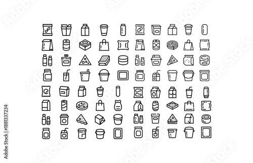 Collection of food and drink packaging outline icons container