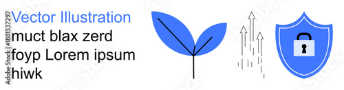 Online security, eco-friendly growth, technology progress, digital protection, environmental care, innovation. A shield with a lock, a leaf and upward arrows. Online security and eco-friendly growth