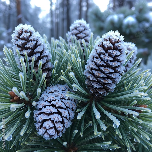 Wallpaper Mural Several pine cones are heavily coated with glittering frost on evergreen needles Torontodigital.ca