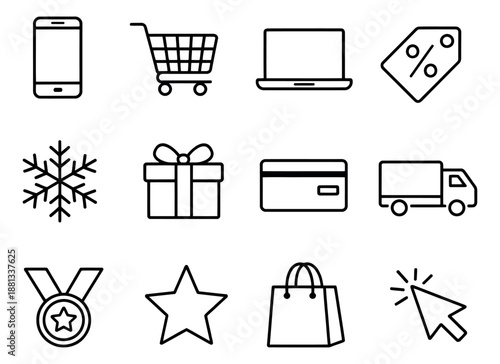Simple line art e-commerce icon set featuring shopping, payment, and delivery symbols for online retail and digital services