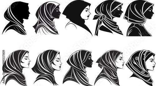 Elegant silhouette of a Muslim woman wearing a hijab. Multiple black silhouette profiles of women wearing headscarves. 
Muslim Woman Headscarf, Hijab Silhouette Illustration.