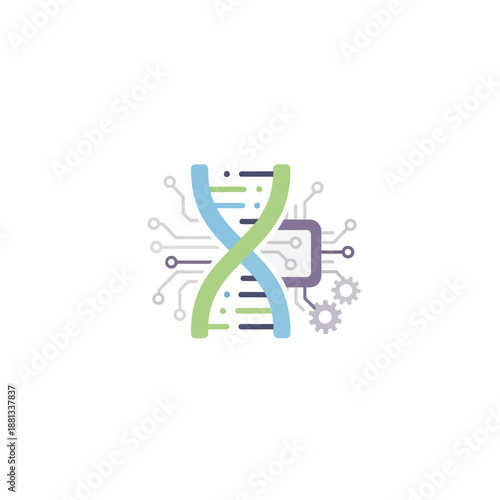 Biotechnology concept featuring DNA helix intertwined with microchip and gears, symbolizing scientific innovation