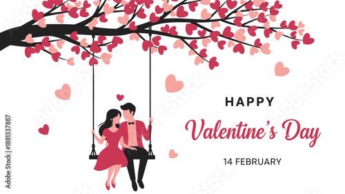 Couple Kissing on Swing under Heart-Shaped Tree on Valentine's Day