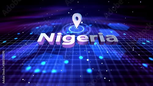 Nigeria Location Text Animation on Futuristic Digital Grid Background location, pin, marker, map, country, text