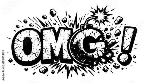 Grungy hand drawn line art illustration of 'OMG' text with an exploding bomb depicting a sudden surprise for social media and expressive design